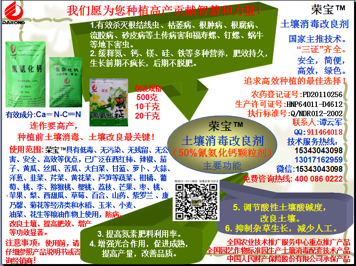 榮寶（氰氨化鈣）顆粒殺菌劑，土壤消毒、緩釋氮鈣營(yíng)養(yǎng)、肥料增效、土壤改良四效合一，殺滅根結(jié)線(xiàn)蟲(chóng)，防治根腫病、根腐病、枯萎病、流膠病、蓮藕腐敗病等土傳病害，殺滅福壽螺、釘螺等地下害蟲(chóng)，解決連作障礙